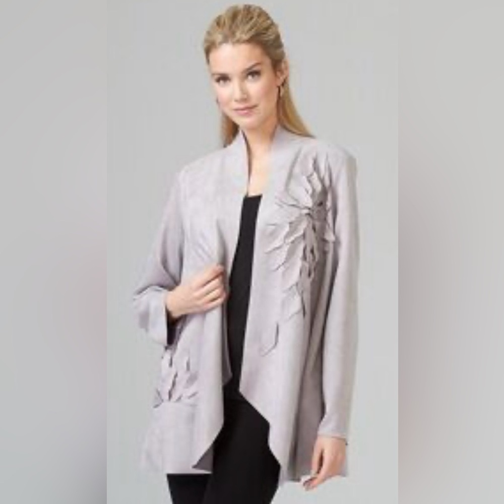 Beautiful Cartise Grey Open Front Faux Suede Blazer Jacket with Floral Detail